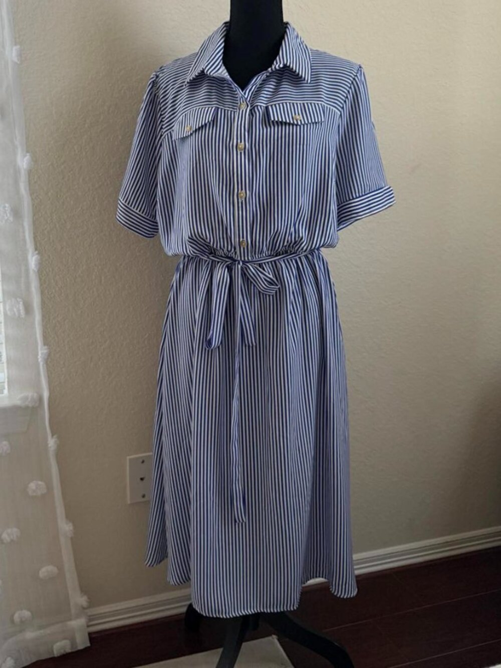 Summer striped shirt dress with buttons to the waist, midi dress size XL